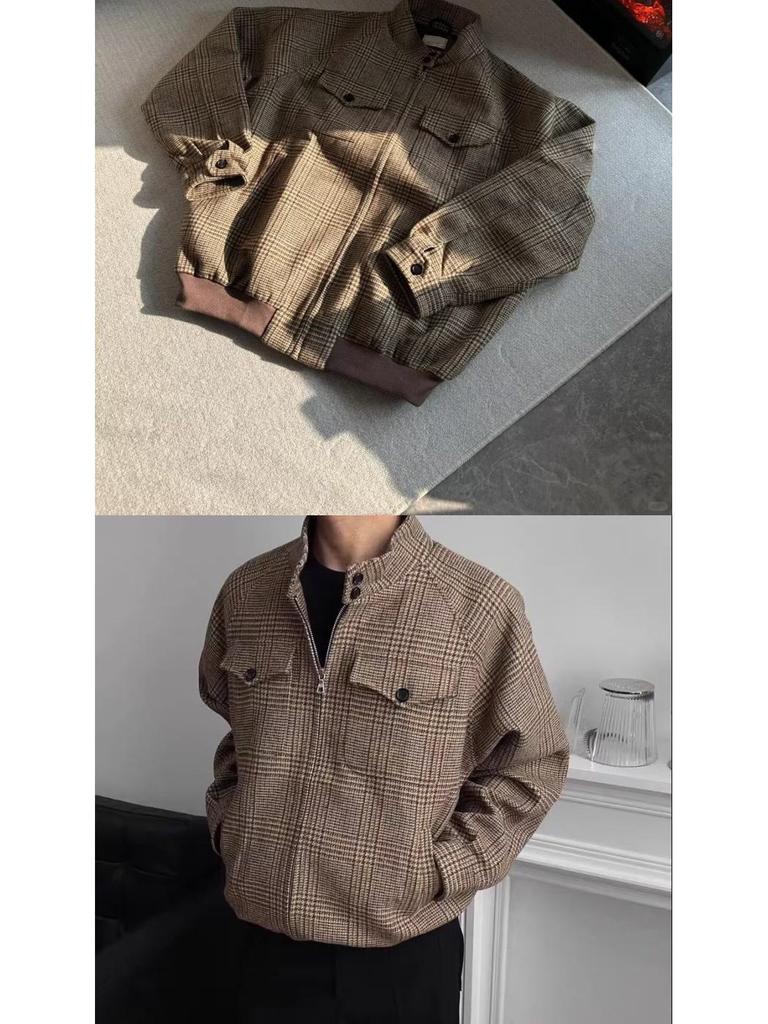 2025 Vlněná bunda Harrington s vzorem psí zuby - Unisex Ležérní Retro Americký styl Oblečení