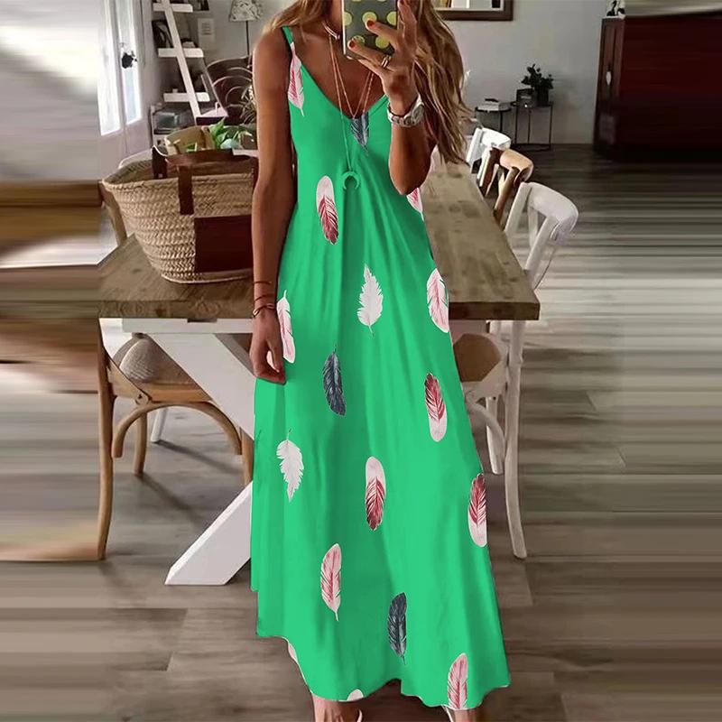 All-Season Chic Feather Print Maxi Dress Casual V-Neck Comfort Stretch Easy Care