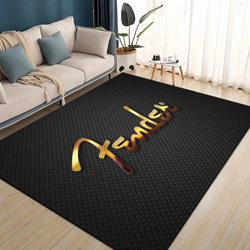 Alfombra 3D Retro con logo Fender para Instrumentos de Guitarra Música para Sala de Estar Dormitorio Hogar Decoración de Sofá, Alfombra de Piso Antideslizante para Niños
