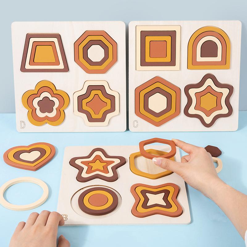 Educational Wooden Geometric Shapes Game Montessori Learning Math Jigsaw Puzzle Board for Kids Sorting Stacking Cognition Toys