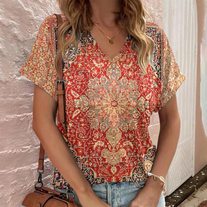 Casual Bohemian Print Women's Short Sleeve V-Neck Top T-Shirt
