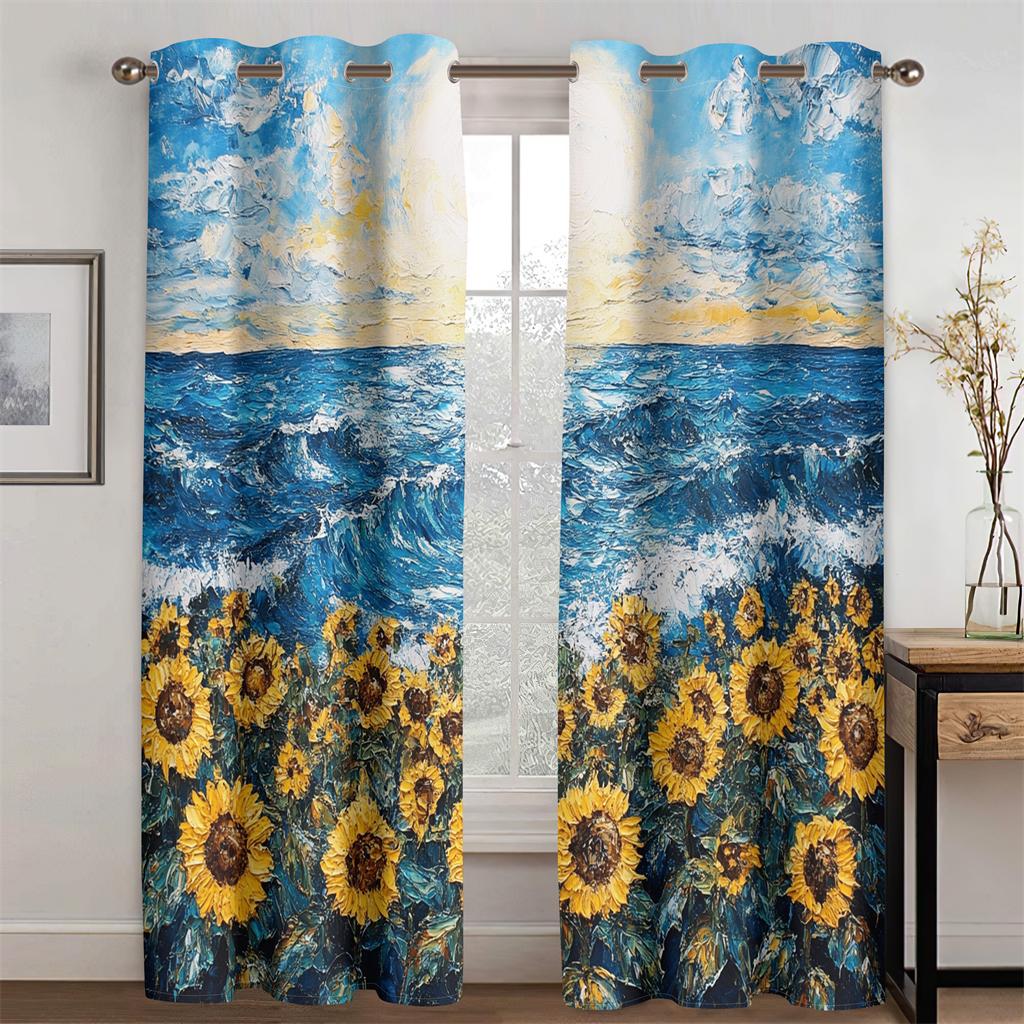 

Романтичный пейзаж с подсолнухами на море, занавески, картина маслом, эффектный декор для спальни, офиса, гостиной, кухни, 2 шт. 50W130H(CM)X2PCS&Hook