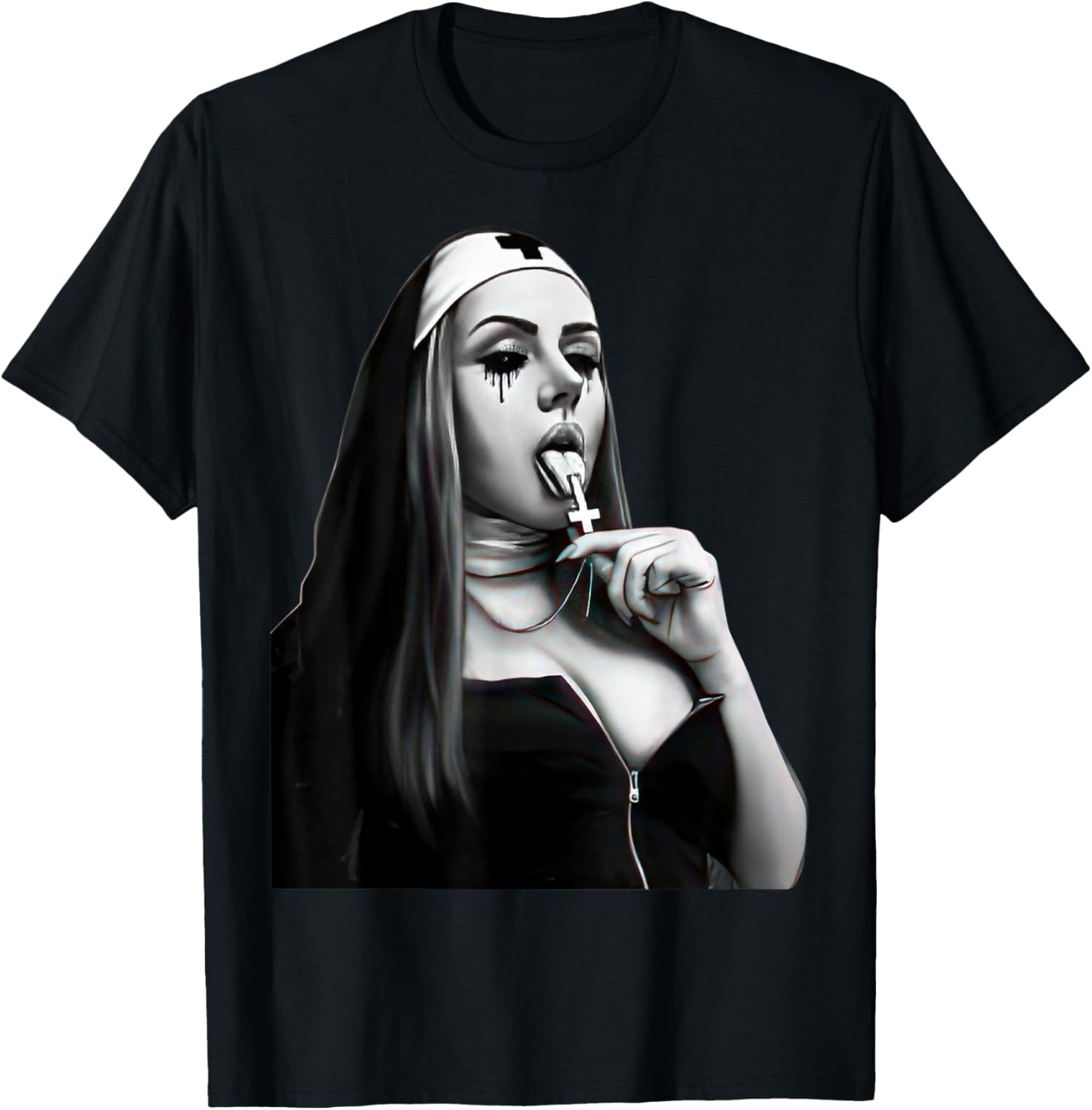 

Goth Nun Cross Graphic Tee Black Aesthetic Retro Short Sleeve T-Shirt Casual Cotton Top 4XL