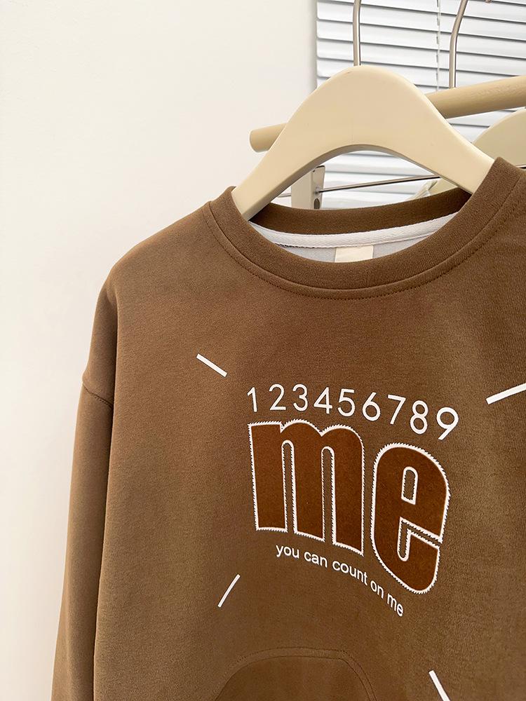 Large American Print Round Neck Pullover: Belly-Covering, Casual, Versatile Long Sleeve Cropped Sweater