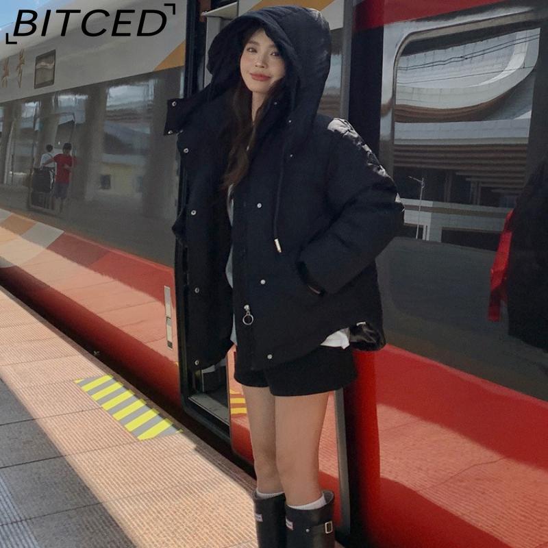 BITCED New Style Women's Winter Short-Length Hooded Puffer Jacket with Design-Forward Thickened Fleece Lining