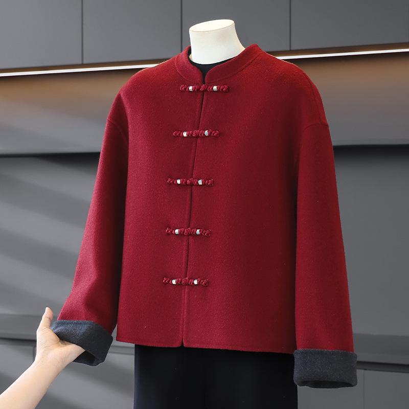 Year of the Rat Red Wool Coat with Cotton Padding, Mid/Elderly Autumn/Winter Little Xiang Style