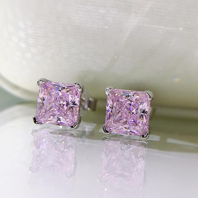OEVAS 6x6mm Yellow Pink High Carbon Diamond Gemstone Earrings for Women 100% 925 Silver Classic Fine Jewelry