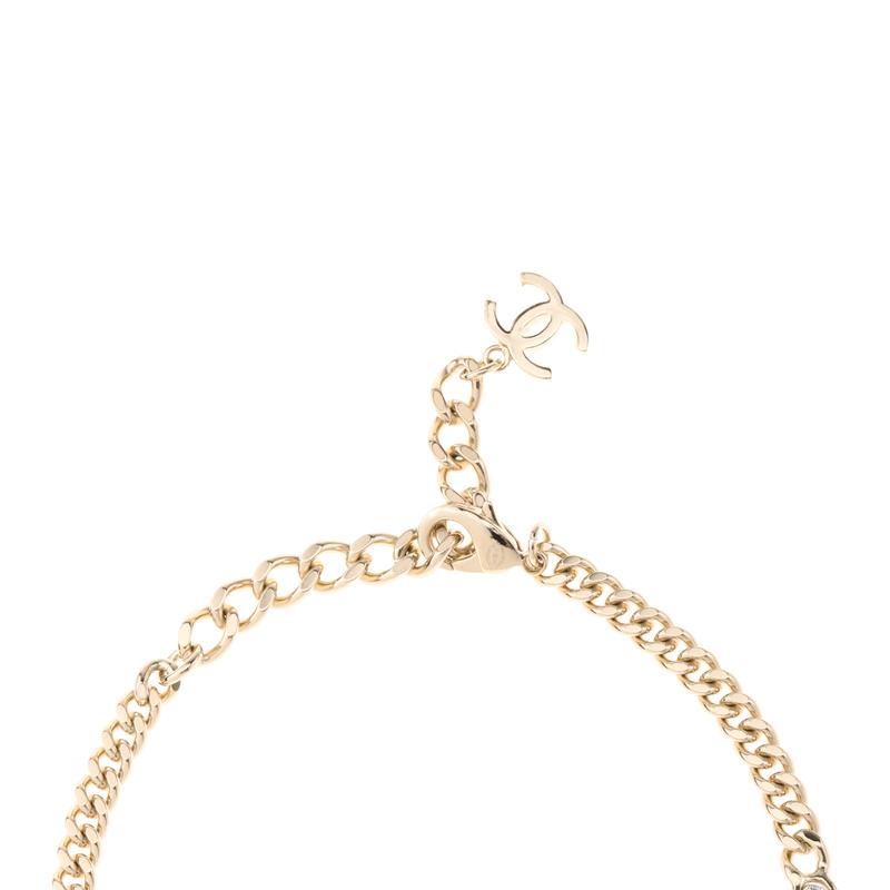 CHANEL Double C Metal Crystal Necklace Women's Gold