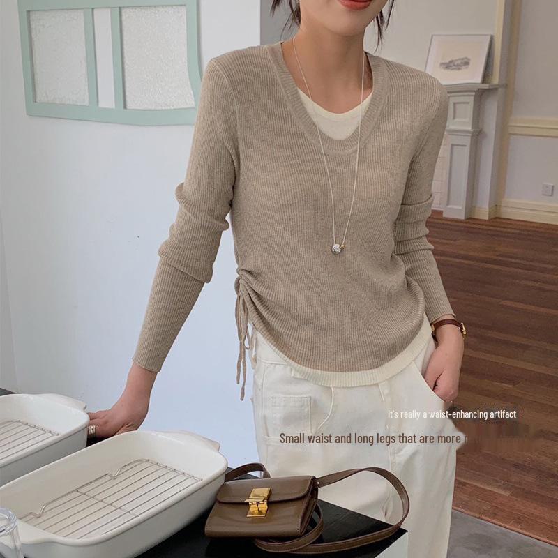 

Контрастный вязаный свитер Du Xiaozhai 2024: Облегающий крой, затягивающийся шнурок, двухкомпонентный, женский топ One Size