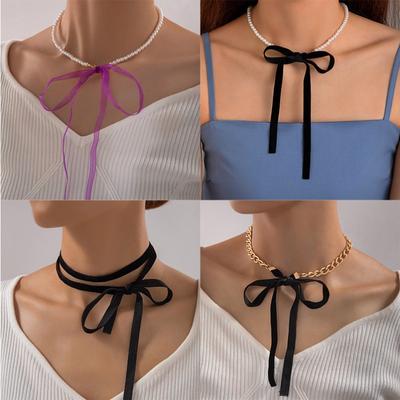 Accessories Niche Baroque Pearl Necklace Women's Black Ribbon Bow Strap Necklace
