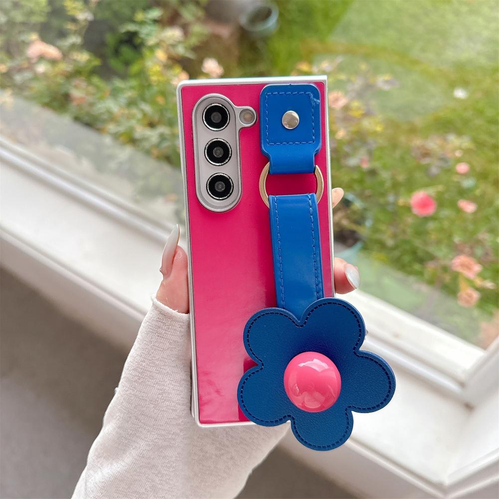 Cartoon Flower Wristband Leather Case for Samsung Galaxy Z Fold 7 6 5 Zfold 3 4 Color Collision Wrist Strap Shockproof Ins Cover