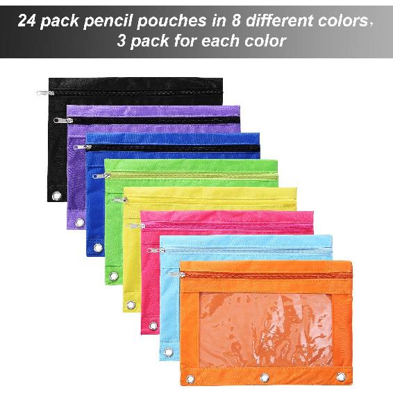 Boao 24 Pcs Pencil Pouch for 3 Rings Binder Pencil Bags Bulk with Zipper Colorful Case Stationery Bag with Clear Window for Office Supplies