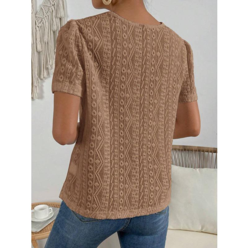 Letní krajkové patchworkové duté kulaté výstřih jednobarevné dámské halenky a košile s krátkým rukávem