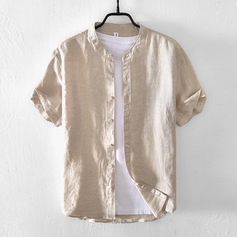 

Мужская летняя льняная рубашка с воротником-стойкой и коротким рукавом - японский стиль, молодежный свободный крой XL хаки