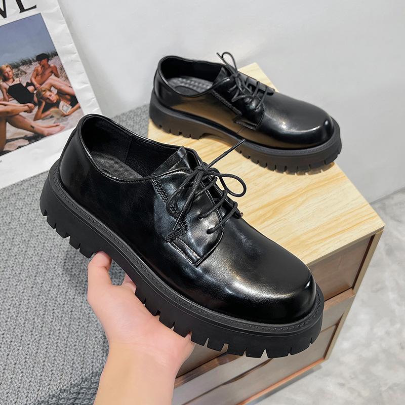 Zapatos Pequeños de Cuero Negro, Nuevos de Suela Gruesa Aumentados Estilo Británico Tacón Grueso con Cordones Zapatos de Cuero para Hombre 2139-T