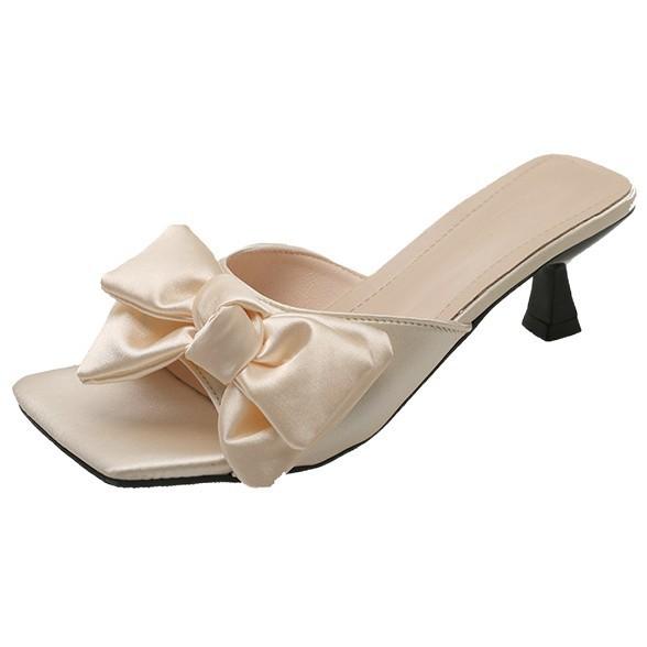 Pantoufles rouges tendance extérieur maille un mot nœud talon épais bout ouvert traîne tête carrée femme été vent de fée sandales femme talon moyen