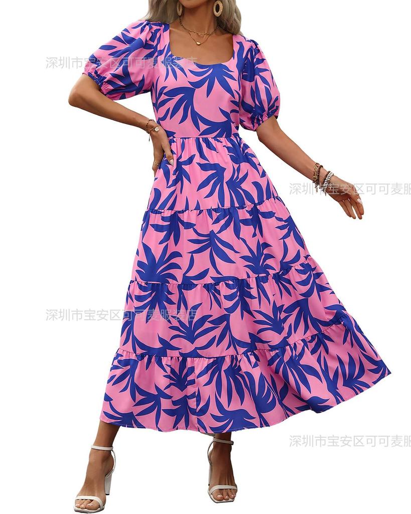 2 New bubble sleeve pleated backless printed high waist short sleeve dress women