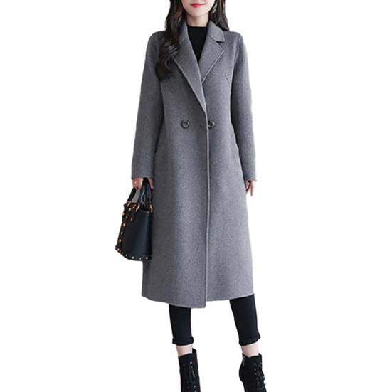 Women Autumn Winter Solid Color Woolen Coat Lapel Long Sleeve Two Buttons Pockets Mid-length Woolen Cardigan Outwear