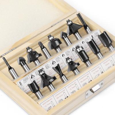 15-teiliges Set von 8-Schaft Holzbearbeitungsfräsern, schwarze Holzbearbeitungsgraviermaschine/Bakelitfräs-/Besäumnismaschine, Fräserkopf-Set.