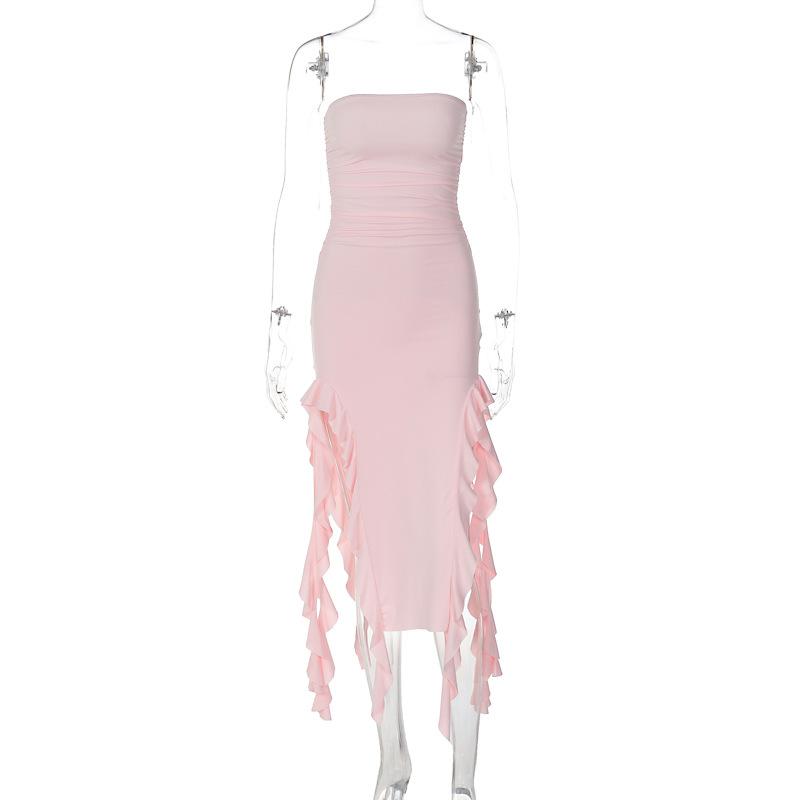 

Платье-футляр Allurite Bodycon с оборками на вырезе и разрезом на бедре, с рюшами, вечерний коктейльный клубный наряд M розовый