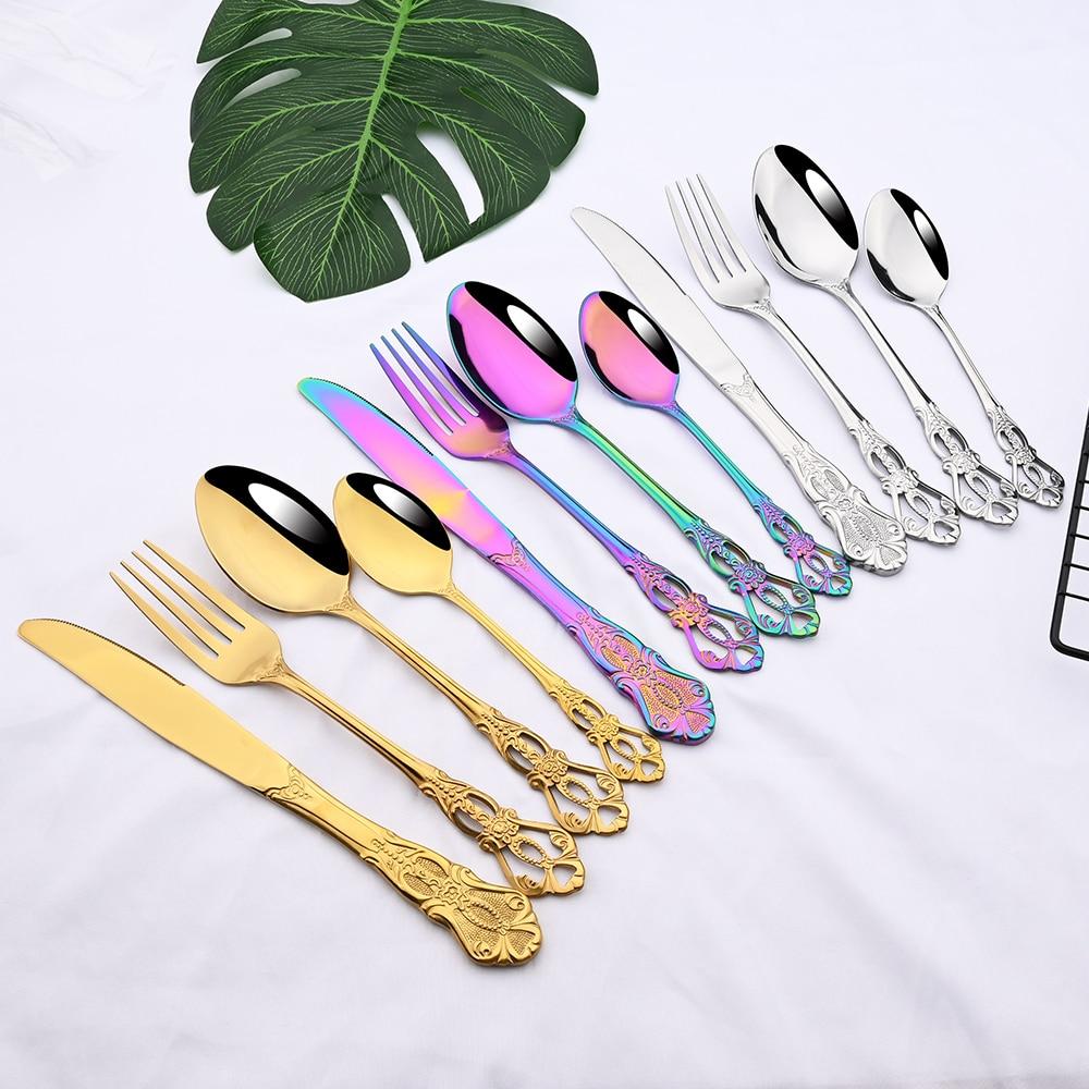 5pcs/set Rainbow Tableware Set Stainless Steel Dinnerware Royal Knife Dessert Fork Spoon Flatware Cutlery Set Western Silverware Set for 1