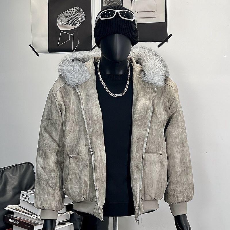 Y2K Winter Men's American Heavyweight Thick Fur Collar Hooded Structured Cotton Jacket Coat Ink-dyed Windproof Workwear