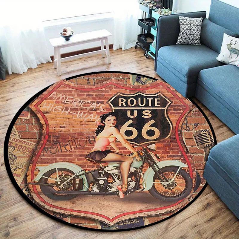 Tappeto Rotondo ROUTE66, Tappeto per Soggiorno Camera da Letto Divano Stanza dei Giochi Decorazione, Tappetino Antiscivolo