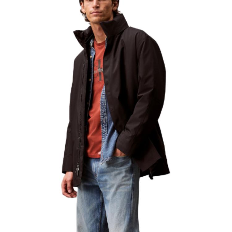Calvin Klein Solid Color Removable Hood Comfortable Drop Shoulder Waterproof Long Sleeve Jacket Men Jacket Black 40EM541-UB1