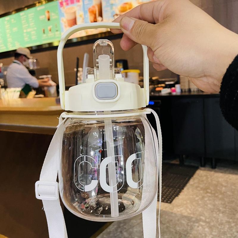 Doppelter Trinkbecher, 1100 ml, großer Bauchbecher, tragbarer Griffgurt, Plastikstrohbecher, großer Bauchwasserbecher