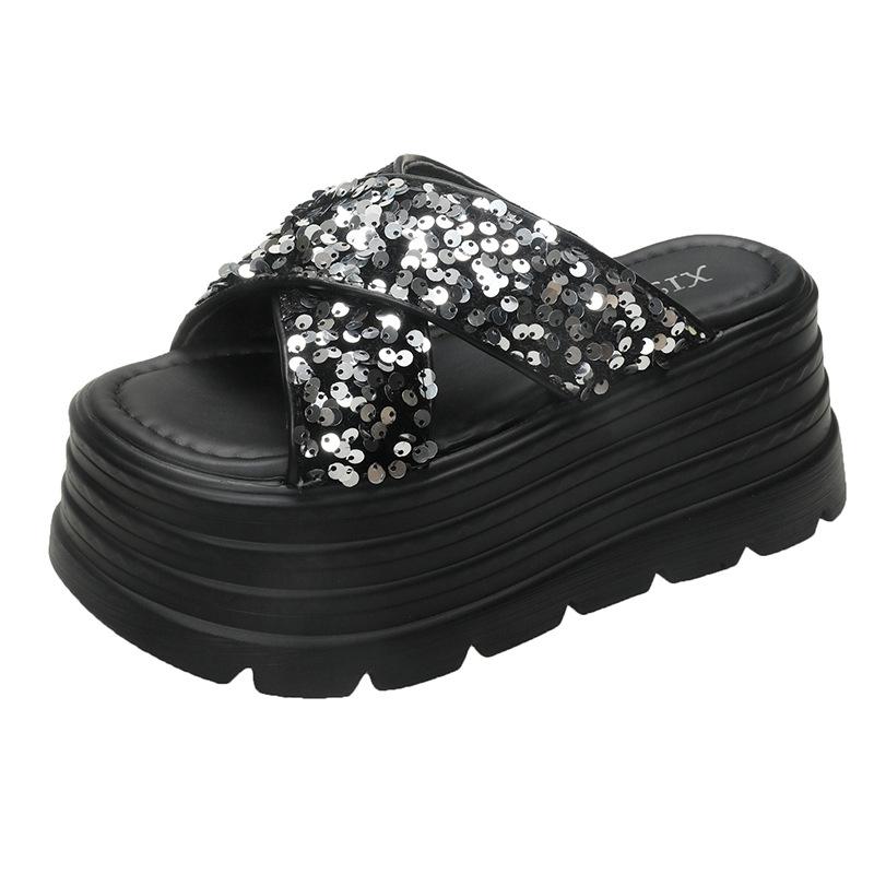 Muffin heel color thick-soled cool slippers women's wear popular round head new summer fashion sequined high-heeled sandals women