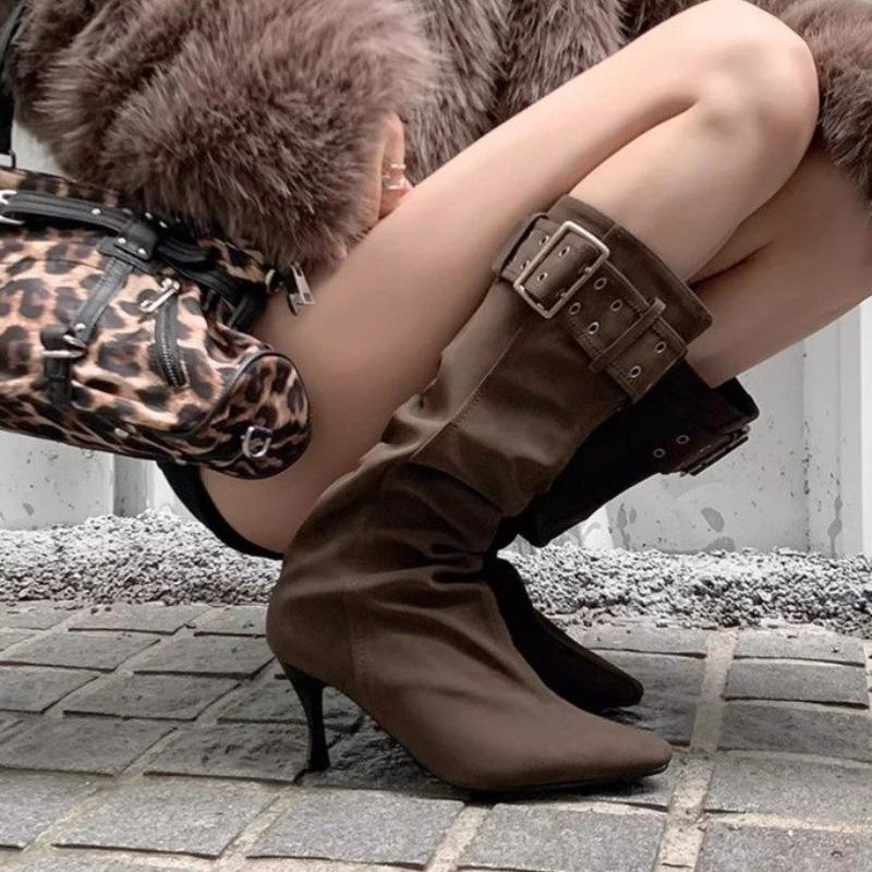 Fashion 2025 Winter European and American Pointed-toed Mid-barrel Boots Look Thin, Fashion Temperament Versatile Women's Boots