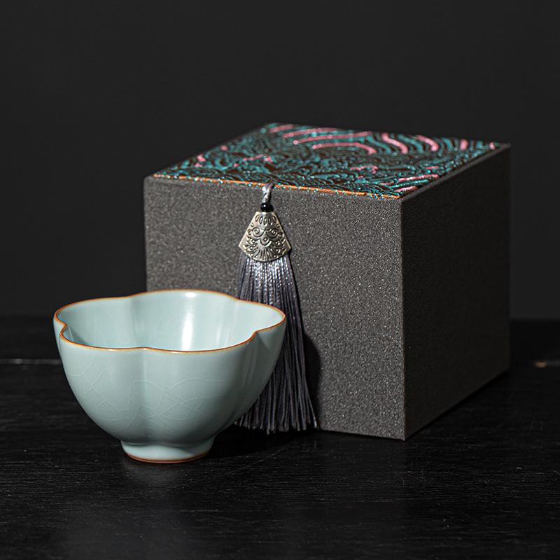 Ru Kiln Crackled Ceramic Gongfu Tea Tasting Cup - Cultivable Master Cup in Gift Box Packaging.