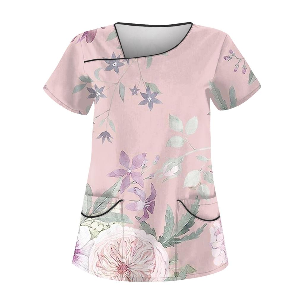 Women's Casual Printed Short Sleeve Workwear With Double Pocket Top
