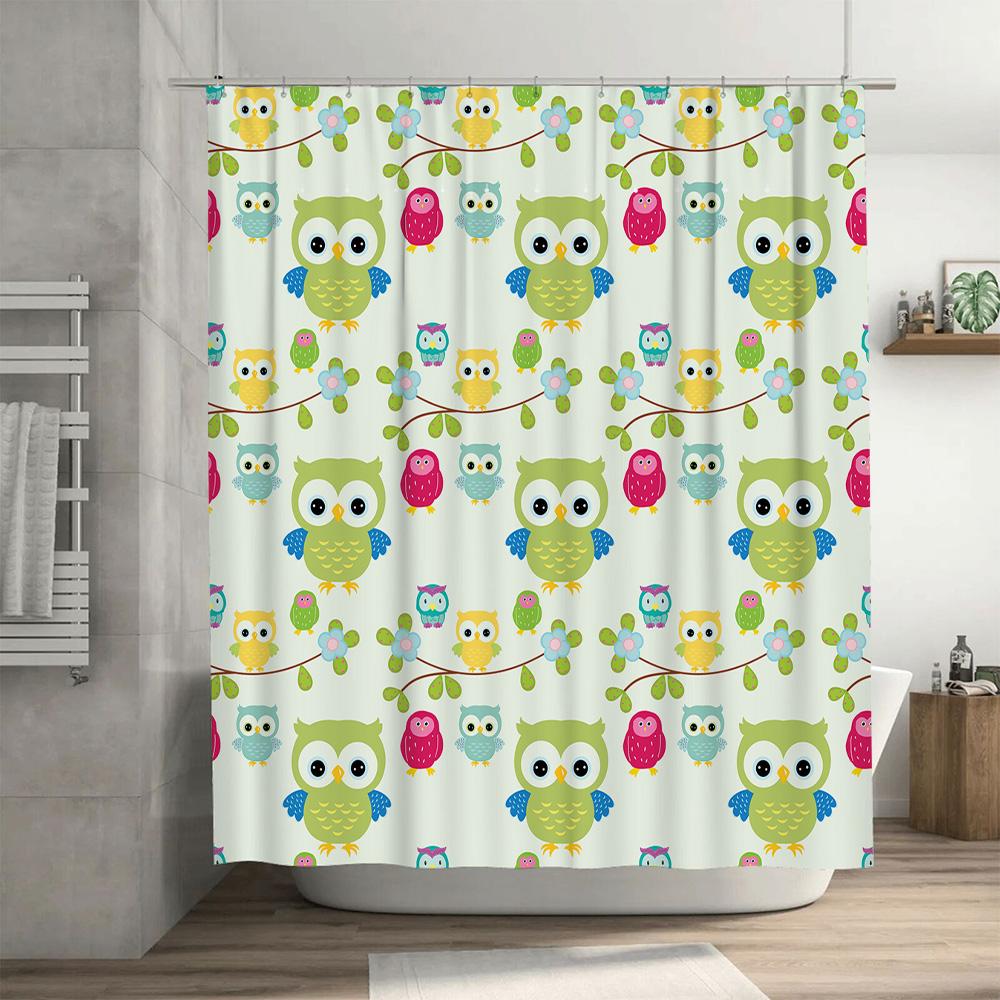 Green Owl Printed Shower Curtain with Multicolored Birds Home Decor Accessories for Bathroom