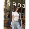 Front Shoulder Round Neck Slim-fitting Short-sleeved T-shirt Women's Summer New Spice Girl Pinched Waist and Thin Short Ins Top