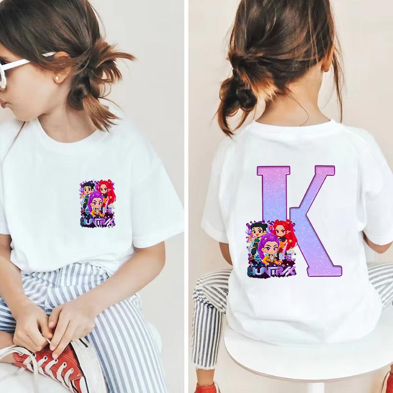 Hot Fashion Girls Boys T-shirts A-Z 26 Letter Kpop Demon Hunter HuntrX Graphic Kids Tops Short Sleeve Tees Shirts Child Clothing