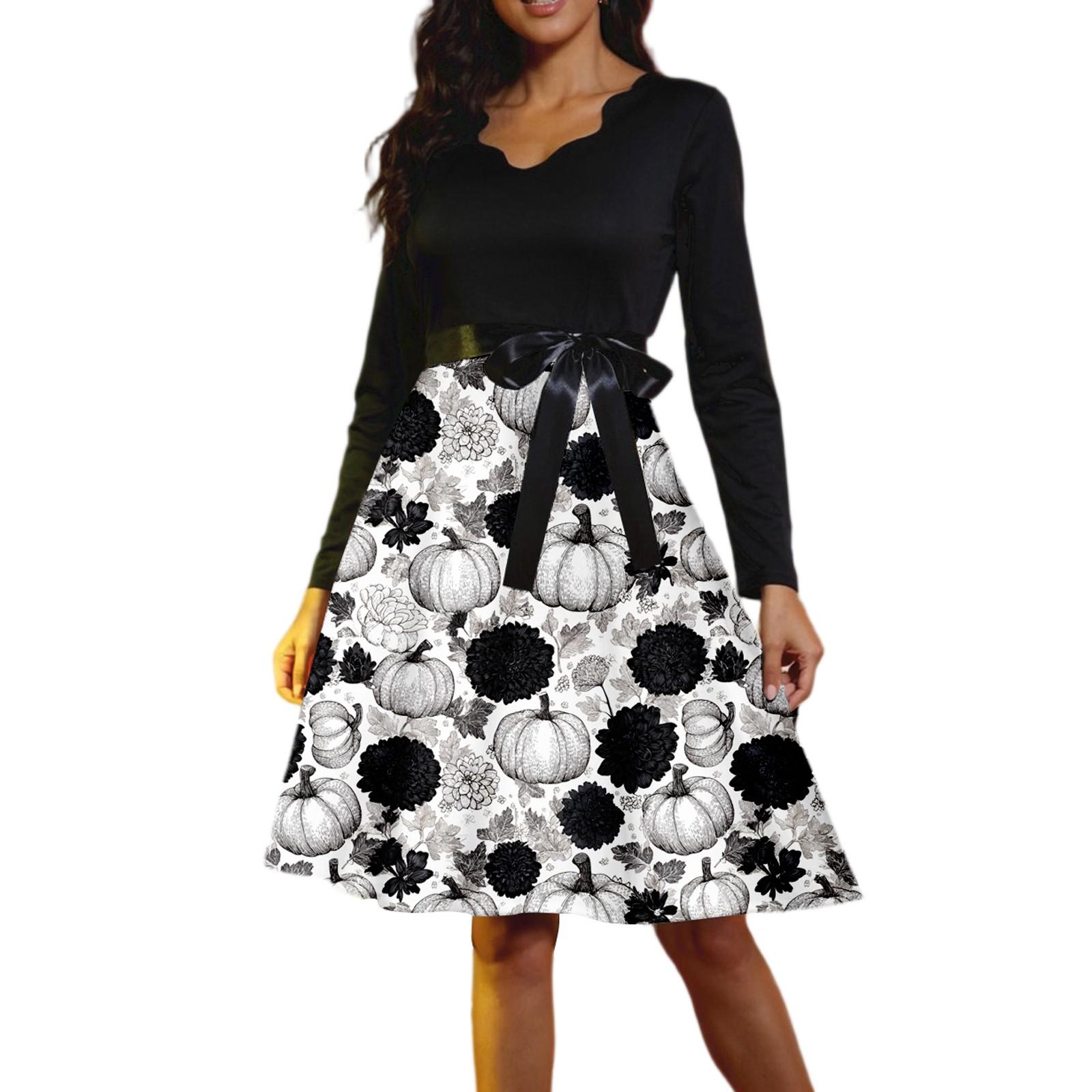 

Женские повседневные модные винтажные длинные платья с длинным рукавом на Хэллоуин и графическим принтом S