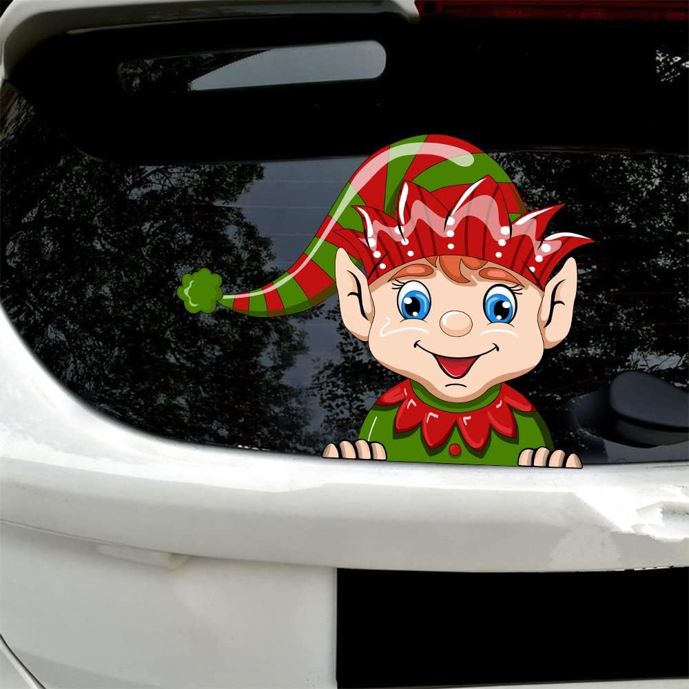 Christmas Decor Elf Peeking Sticker, Car Window Decals Vinyl Waterproof Stickers for Cars Truck SUV Laptop Bumper Car Stickers and Decals (Elf)