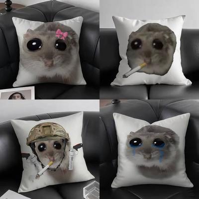 1pc Funny Sad Hamster Meme Pillow Case Square Bedroom Sofa Leisure Comfort Cushion Car Living Room Home Decoration