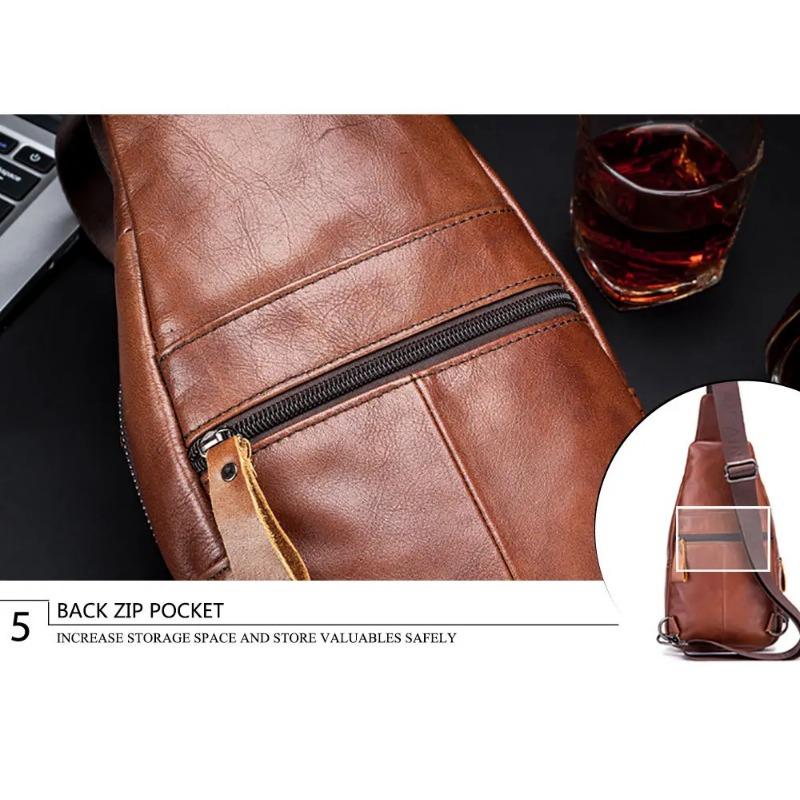 2024 New 100% Cowhide Leather Casual Fashion Crossbody Chest Bag Men's Leather Bag USB Charging Travel Shoulder Bag Daypack Male
