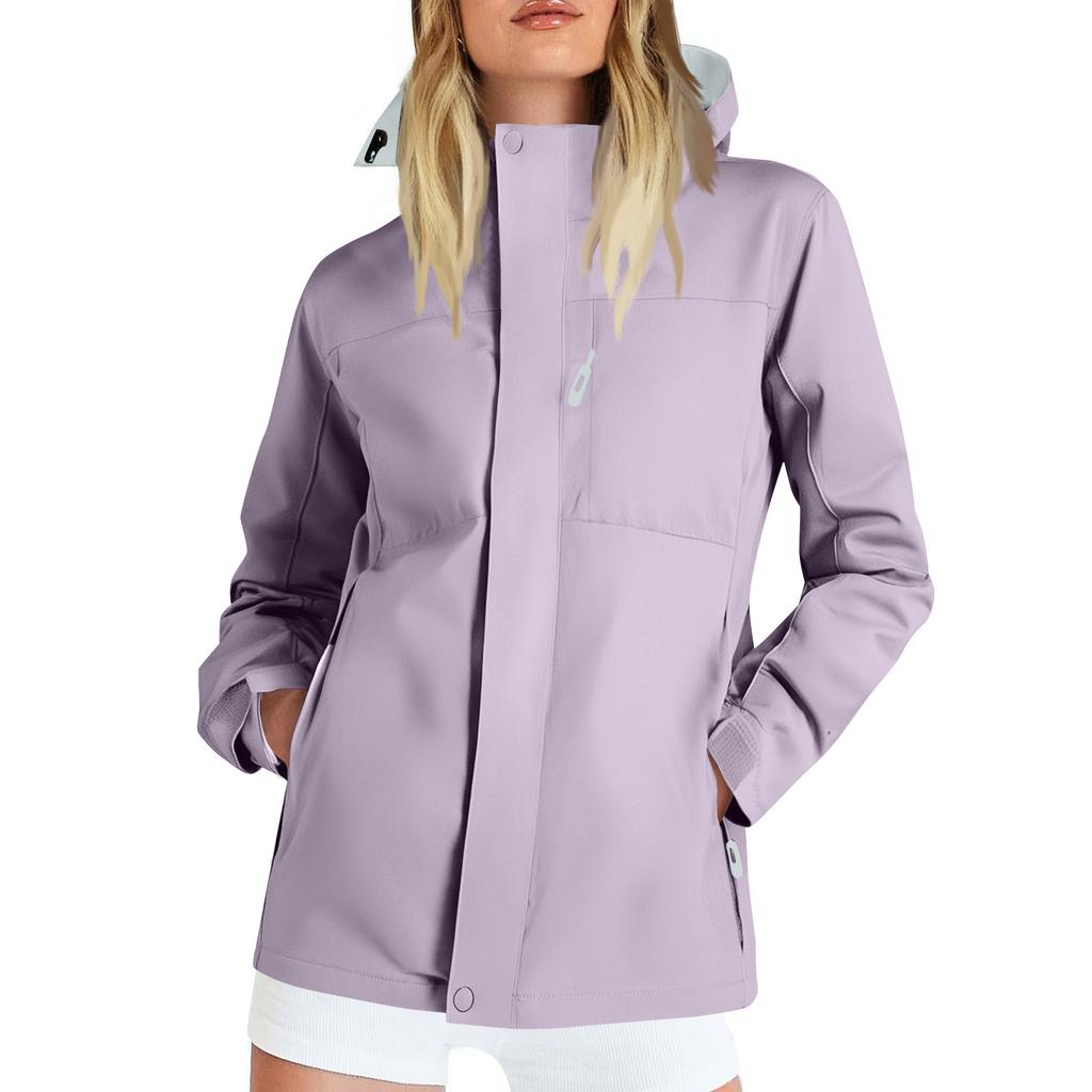 Women Solid Stripe Rain Jacket Outdoor Plus Waterproof Hooded Raincoat Windproof