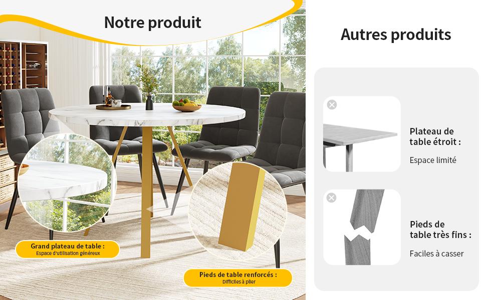 Round Dining Table (80×80×75cm), Coffee Table for 4 People, Dining Room, Living Room, Metal Table Legs, White Marble Pattern and Gold Table Legs