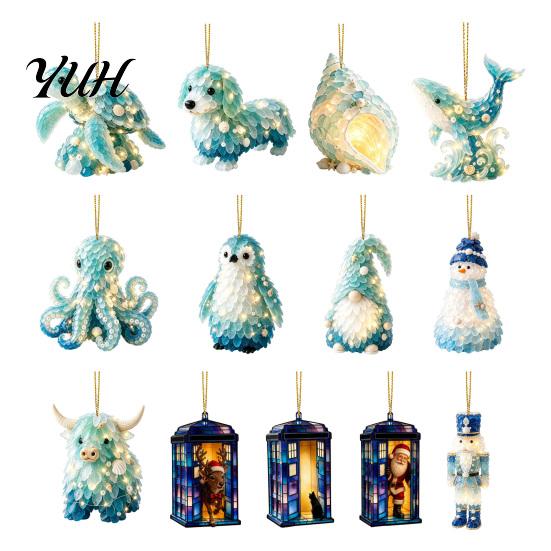 Acrylic Christmas Tree Ornaments Blue Glass House Hanging Ornament, Double Side Special Animal Theme Printed Decor Pendant, Festive Holiday