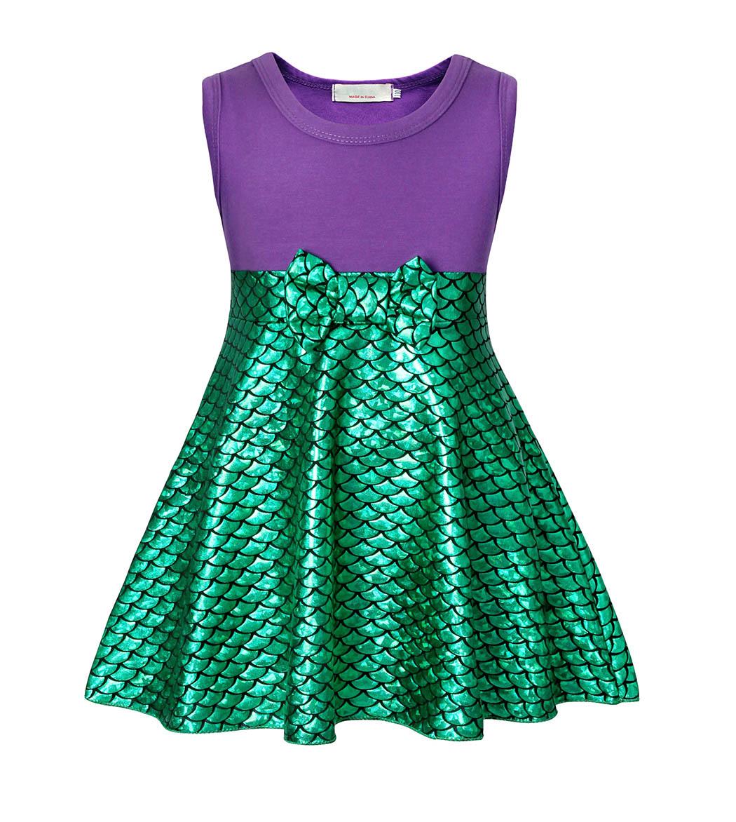 Mermaid Princess Cotton Dress for Girls 1-6 Years: Fish Scale, Bowknot, Color Block Skirt 150 cm зелёный