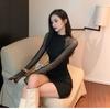 French temperament Spice girl style sexy long-sleeved dress women's summer splicing mesh slim and thin hip-wrapped short skirt