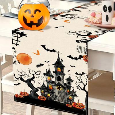 Halloween Spooky Boo Dining Table Runner with Bats-Pumpkins & Haunted House Design,Halloween Dining & Indoor/Outdoor Decoration