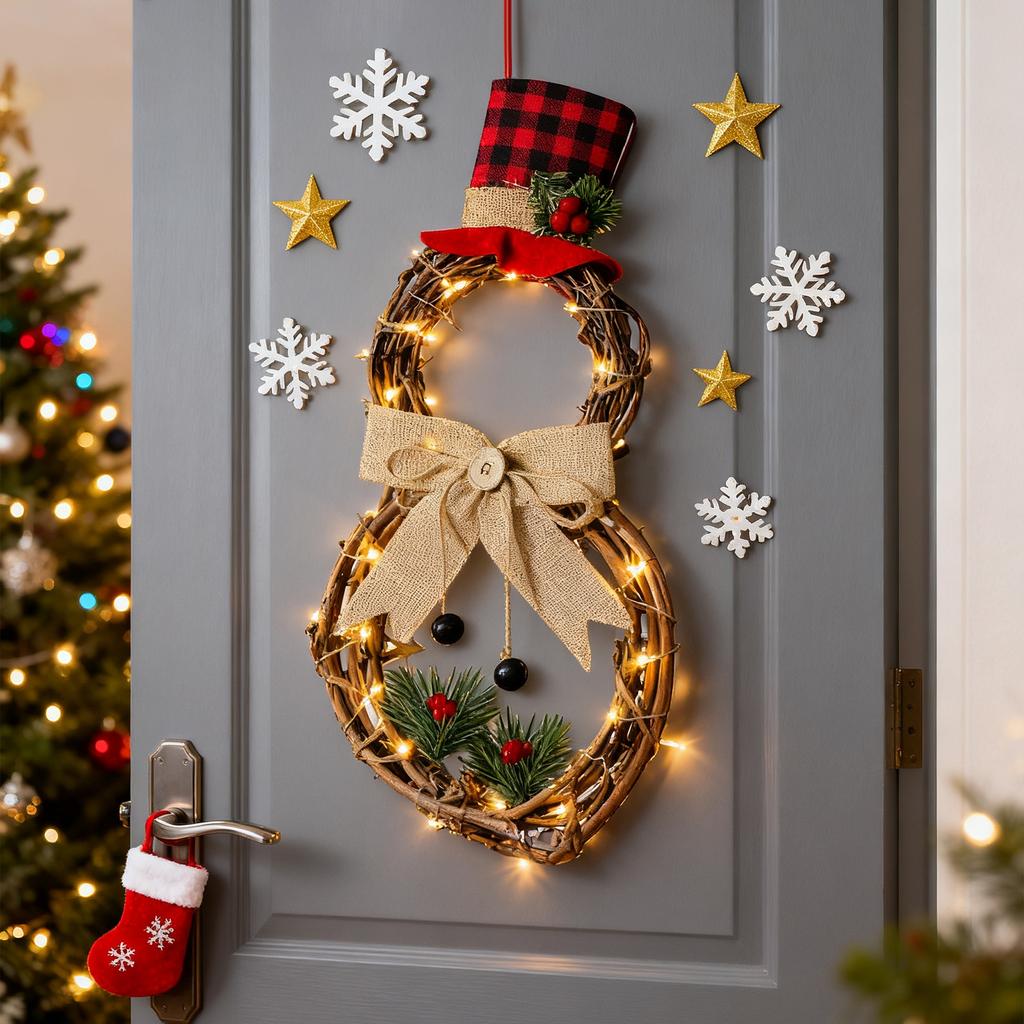 16 X 8 Inch Lighted Christmas Wreath Decoration, Grapevine Wreath With Hat And Bow Snowman Shape Wreath For Front Door Home Garden Wall Decor