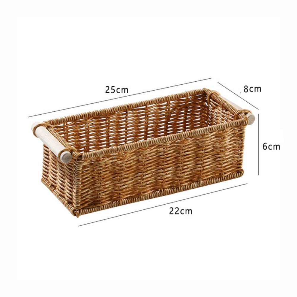 Creative Brown Storage Basket Woven Pattern Wood Handle Organizing Baskets Rectangle Sundries Organizer Bar Organizing