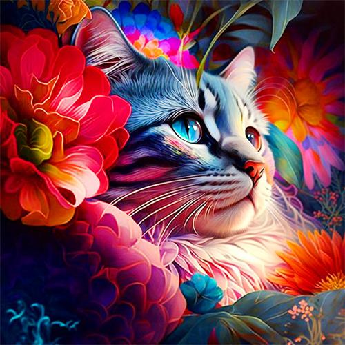 5D DIY Diamantmalerei Katze Farbe Pfingstrose Stickerei Mosaik Tier Blume Kreuzstich-Set Quadratisch/Rund Heimdekor