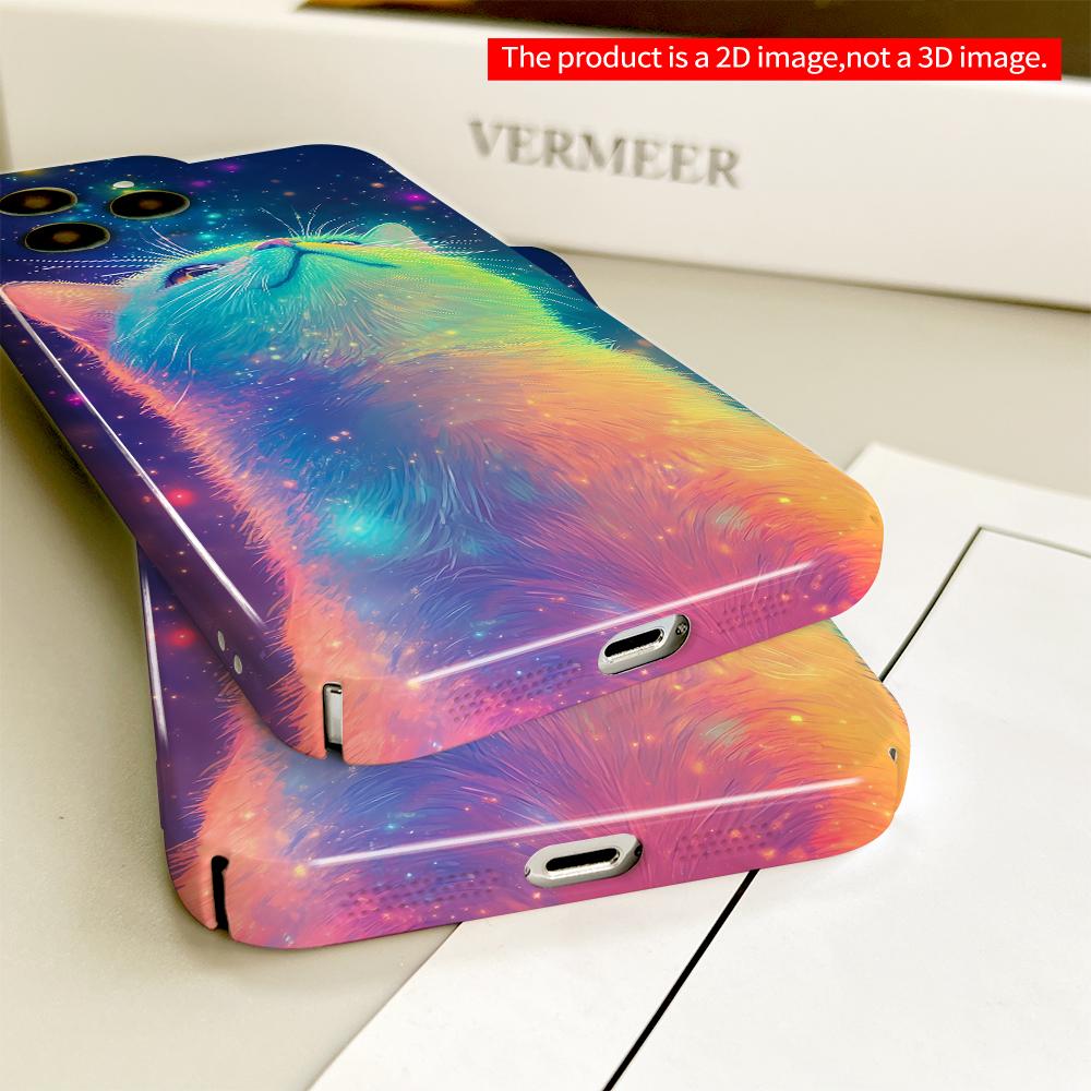2DFlat Cosmic Cat Glowing In Rainbow Stars All Inclusive Film Hard Phone Case, Compatible with iPhone 18 Pro Max 17 16 15 14 13 12 11